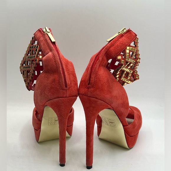 BEBE Coral Gold Embellished Ankle Strap Peeptoe 5”/1” Platform Heels Size 7 - Picture 5 of 9